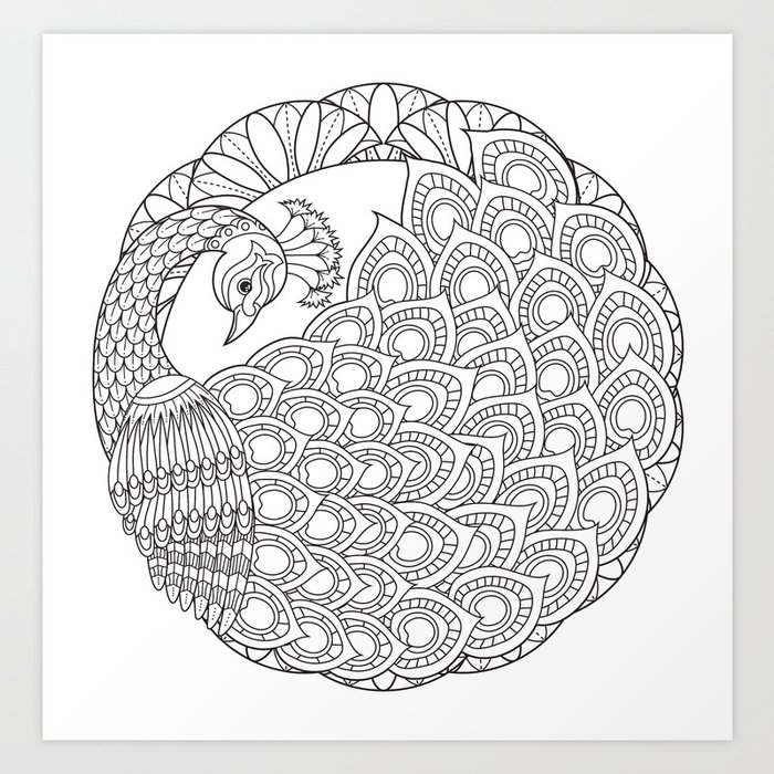 Download Peacock Mandala Art - Color Your Own Art Print by wendypiersallart | Society6