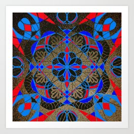 Gold red Blue and Black Bold Tile Pattern Art Print