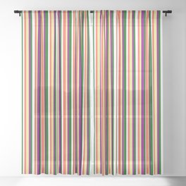 [ Thumbnail: Eyecatching Red, Tan, Purple, Dark Green, and White Colored Stripes Pattern Sheer Curtain ]
