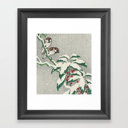 Sparrows on Snowy Berry Bush  Framed Art Print
