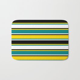 [ Thumbnail: Yellow, Teal, White, and Black Colored Striped Pattern Bath Mat ]