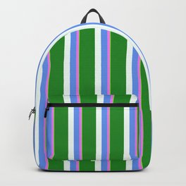 [ Thumbnail: Eyecatching Green, Violet, Cornflower Blue, Mint Cream & Forest Green Colored Pattern of Stripes Backpack ]