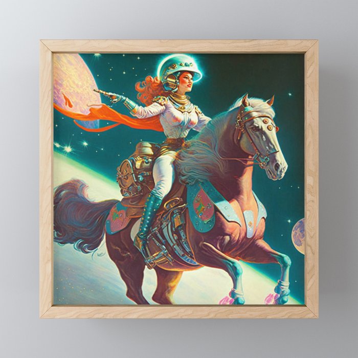 Retro Redhead Space Cowgirl on Horse Framed Mini Art Print