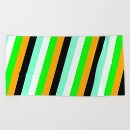 [ Thumbnail: Vibrant Lime, Orange, Black, Aquamarine & Mint Cream Colored Pattern of Stripes Beach Towel ]