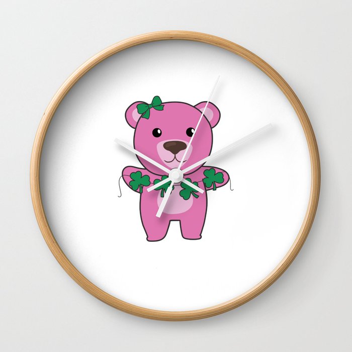 Bear With Shamrocks Cute Animals For Luck Wall Clock