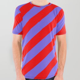 [ Thumbnail: Medium Slate Blue & Red Colored Lined Pattern All Over Graphic Tee ]
