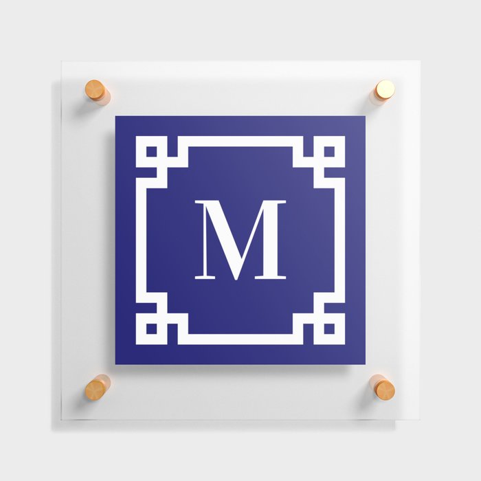 Midnight Blue and White Greek Key Border M Monogram Floating Acrylic Print