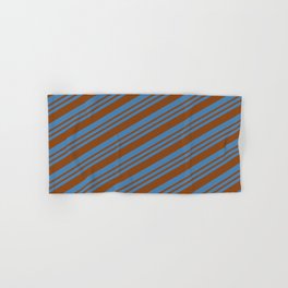 [ Thumbnail: Blue & Brown Colored Lined/Striped Pattern Hand & Bath Towel ]