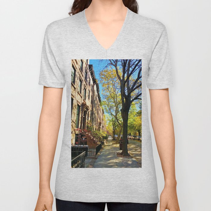 Cobble Hill Brooklyn New York in the Fall, Brownstones V Neck T Shirt