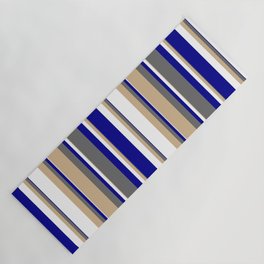 [ Thumbnail: Tan, Dim Grey, Dark Blue & White Colored Striped/Lined Pattern Yoga Mat ]