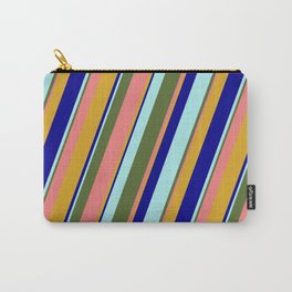 [ Thumbnail: Colorful Dark Olive Green, Light Coral, Goldenrod, Dark Blue, and Turquoise Colored Lined Pattern Carry-All Pouch ]
