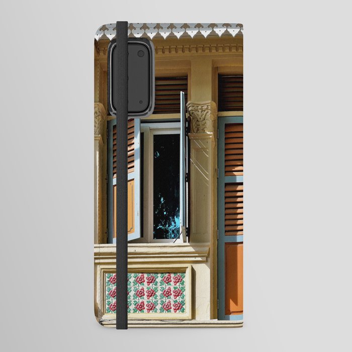 Traditional Singapore Peranakan or Straits Chinese shop house with decorative exterior and antique orange shutters in historic Geylang Android Wallet Case