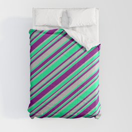 [ Thumbnail: Purple, Grey, and Green Colored Lines Pattern Comforter ]