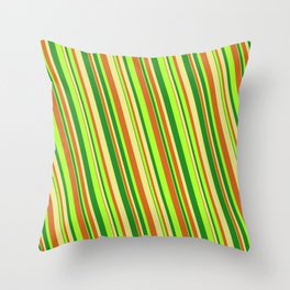 [ Thumbnail: Forest Green, Tan, Chocolate, and Light Green Colored Lined/Striped Pattern Throw Pillow ]