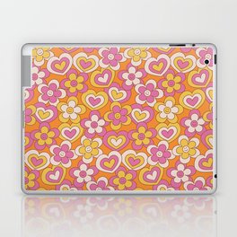 Happy Daisy and Heart Pattern, Cute, Summer, Tangerine Orange, Fuchsia Laptop Skin