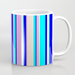 [ Thumbnail: Aqua, Beige, Plum & Blue Colored Lined Pattern Coffee Mug ]