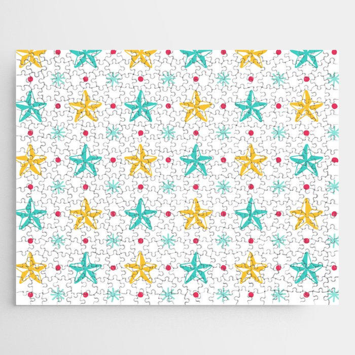Christmas Pattern Yellow Blue Star Snowflake Jigsaw Puzzle