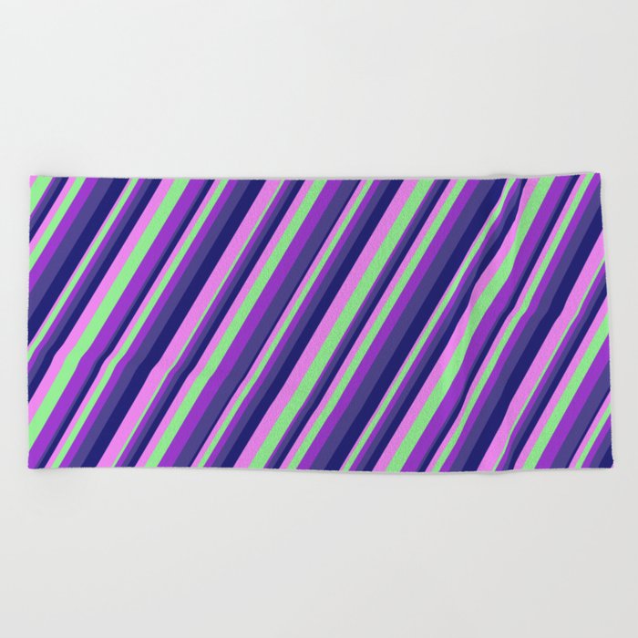 Colorful Light Green, Dark Orchid, Dark Slate Blue, Midnight Blue, Violet Colored Striped Pattern Beach Towel