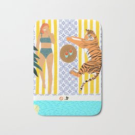 How To Vacay With Your Tiger, Human Animal Connection Illustration, Tropical Travel Morocco Painting Bath Mat