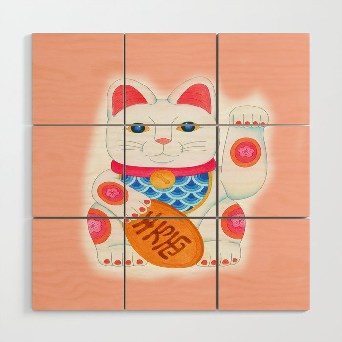 Japanese Lucky Cat Maneki Neko Wood Wall Art