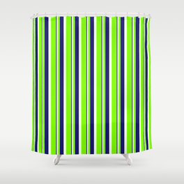[ Thumbnail: Chartreuse, White & Midnight Blue Colored Stripes Pattern Shower Curtain ]