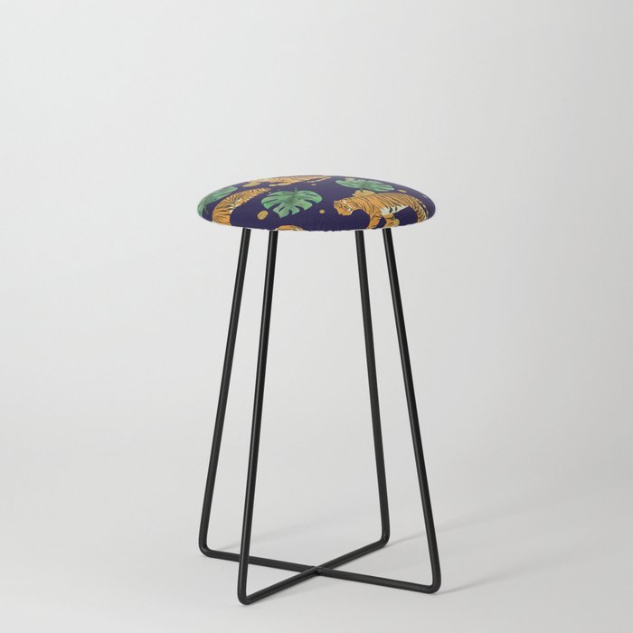 Modern Trendy Jungle Monstera and Tigers with Gold Spots Pattern Counter Stool