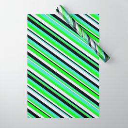 [ Thumbnail: Turquoise, Lime, Lavender, and Black Colored Stripes/Lines Pattern Wrapping Paper ]
