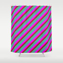 [ Thumbnail: Green, Fuchsia & Red Colored Striped Pattern Shower Curtain ]