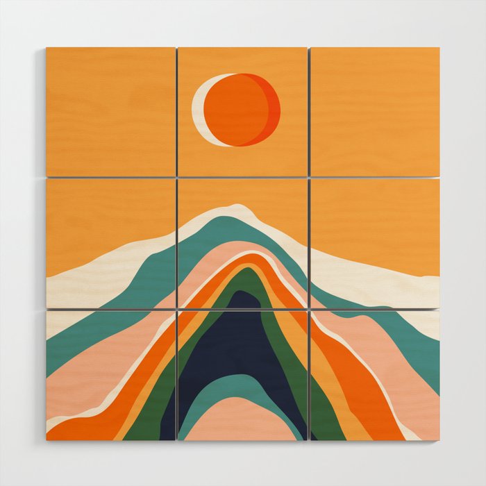 Colorful abstract mountain landscape retro art print Wood Wall Art