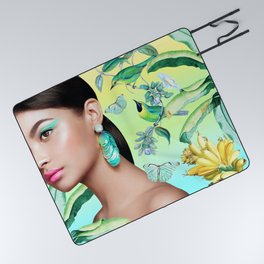 Gia in the Jungle - Green Picnic Blanket | Butterflies, Palmtree, Tropical, Butterfly, Birds, Palmtrees, Earrings, Jungle, Asianwoman, Fashion 