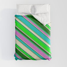 [ Thumbnail: Vibrant Dark Turquoise, Lime, Orchid, Light Yellow, and Dark Green Colored Stripes Pattern Duvet Cover ]