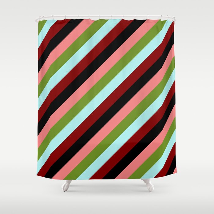 Eyecatching Light Coral, Green, Turquoise, Maroon & Black Colored Striped/Lined Pattern Shower Curtain