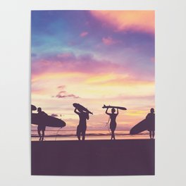 Silhouette Of surfer people carrying their surfboard on sunset beach, vintage filter effect with soft style Poster