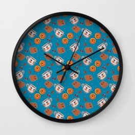 Pattern of cookies and buns a cup of tea cherry coffee seed on blue background sweet Wall Clock