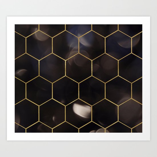 Dark bokeh gold hexagons Art Print