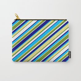 [ Thumbnail: Colorful Blue, Deep Sky Blue, Tan, Green & White Colored Lined Pattern Carry-All Pouch ]