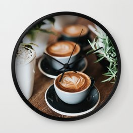 Latte + Plants Wall Clock | Graphicdesign, Pattern, Coffee, Digital, Cafe, Landscape, Love, Vector, Nature, Minimal 