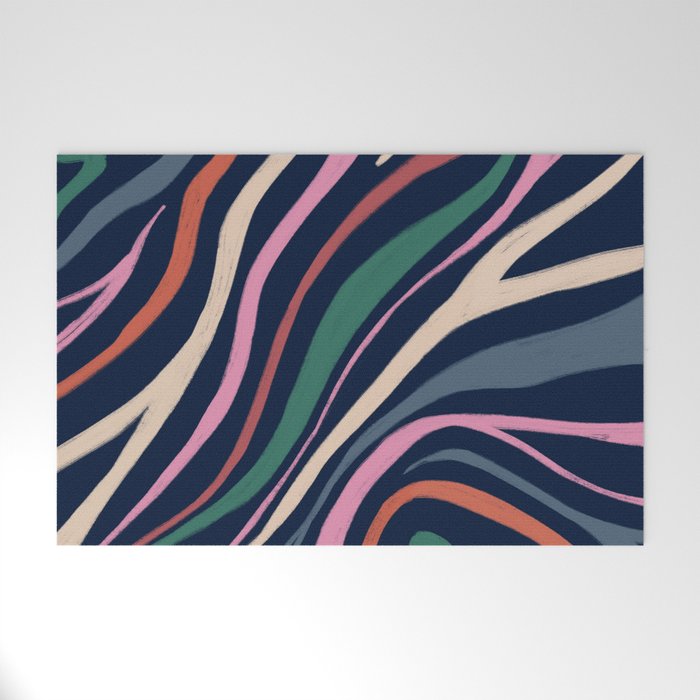 Colorful zebra stripes on black Welcome Mat