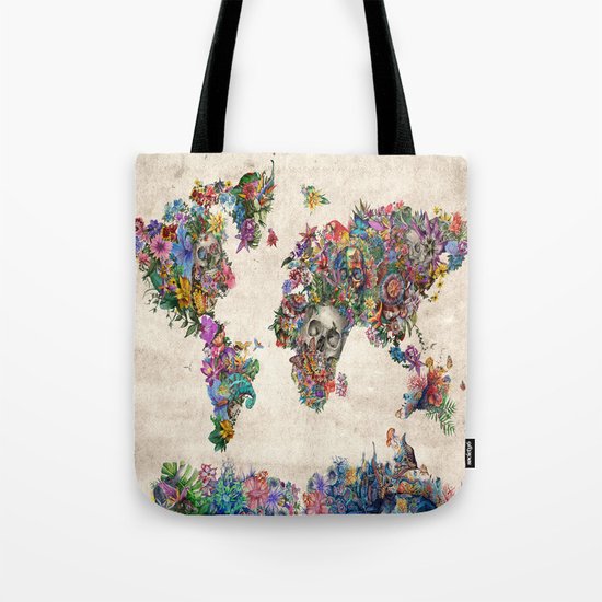 floral skull world map 2 Tote Bag