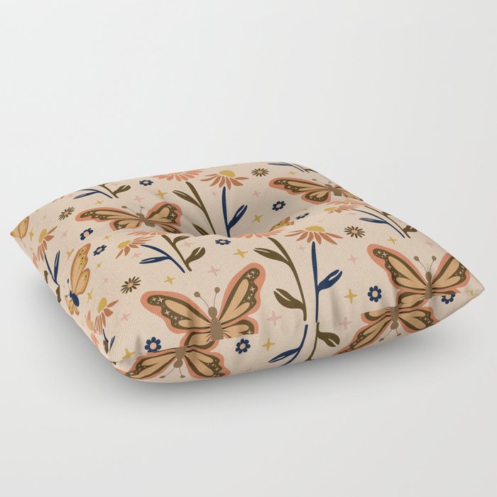 Retro Butterflies pattern - Daisy field Floor Pillow