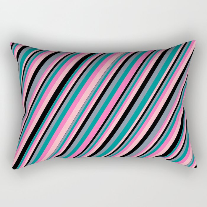 Light Slate Gray, Dark Cyan, Hot Pink, Light Pink, and Black Colored Striped/Lined Pattern Rectangular Pillow