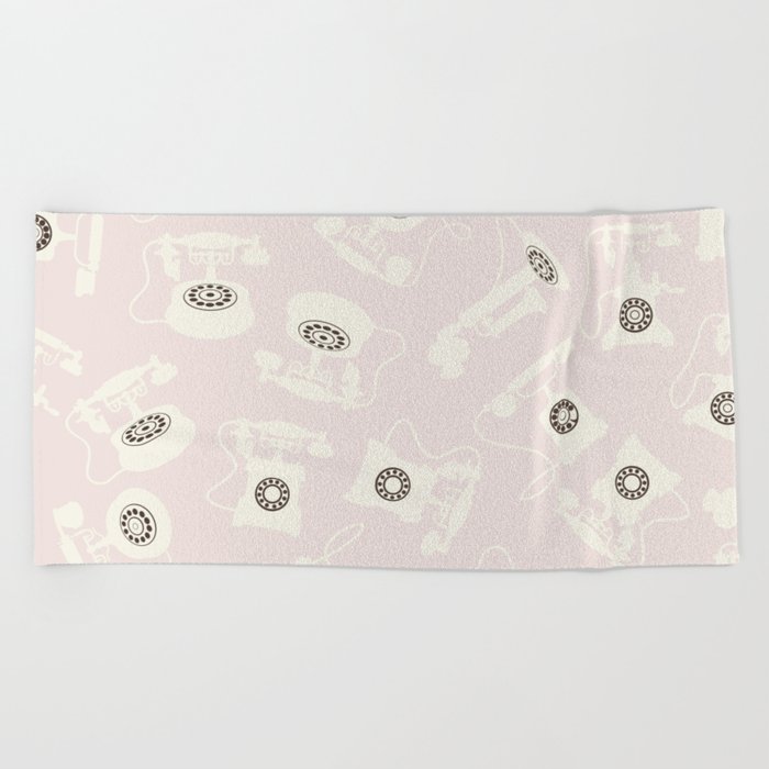 Vintage Rotary Dial Telephone Pattern on Pastel Pale Pink Beach Towel