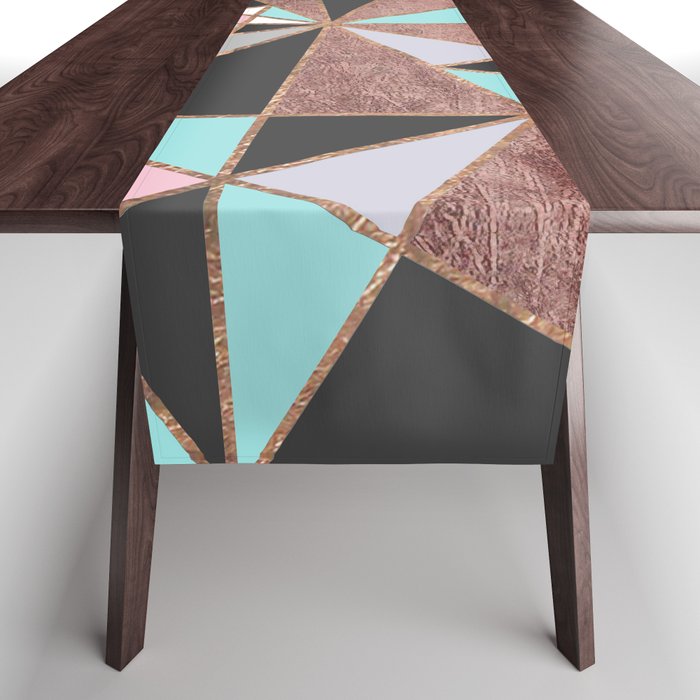 Geometrical abstract teal pink gray rose gold triangles Table Runner
