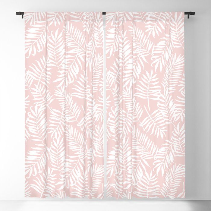 Tropical Palm Leaves - Pink & White Palm Leaf Pattern Blackout Curtain