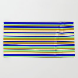 [ Thumbnail: Light Green, Dark Goldenrod, Beige, and Blue Colored Stripes/Lines Pattern Beach Towel ]