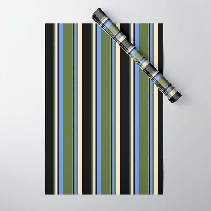 Cornflower Blue, Dark Olive Green, Bisque, and Black Colored Striped Pattern Wrapping Paper