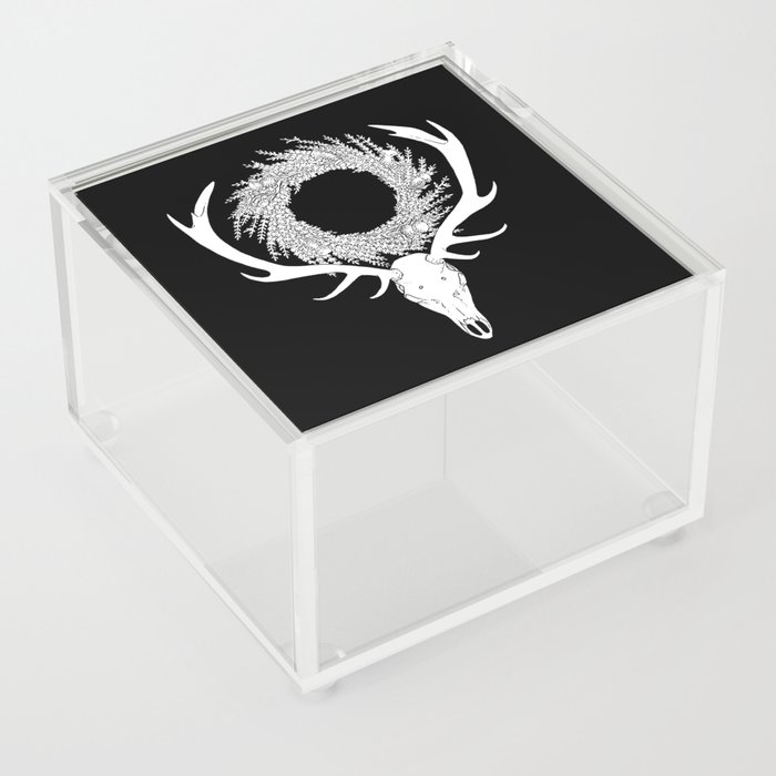 Scottish Red Deer Skull with Heather and Thistle Wreath (white) Acrylic Box