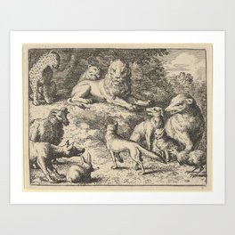 Renard is Accused by the Animals Before the Lion from Hendrick van Alcmar's Renard The Fox Art Print | Lithograph, Paper, Engrave, Background, Photo, Draftsmanship, Print, Artwork, Texture, Retro 