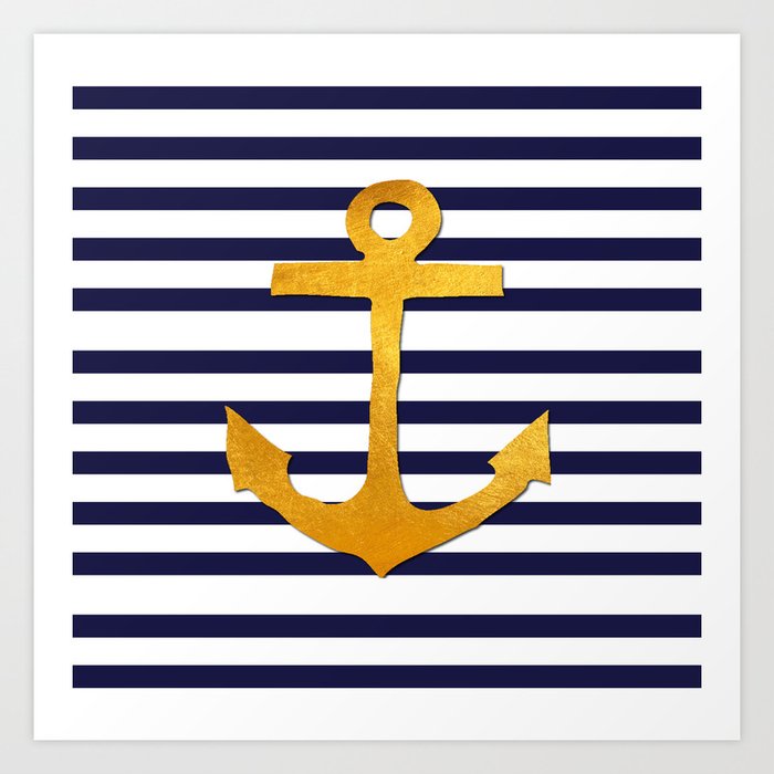 Marine pattern - blue white striped with golden anchor Art Print