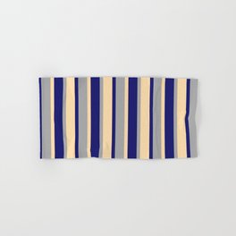 [ Thumbnail: Dark Grey, Midnight Blue & Tan Colored Stripes Pattern Hand & Bath Towel ]